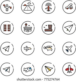 line vector icon set - traffic controller vector, runway, plane radar, trap truck, seats, airport building, paper, fly, helicopter, toy