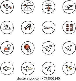 line vector icon set - traffic controller vector, runway, plane radar, departure, arrival, trap truck, small, seats, baggage scales, globe, paper, fly