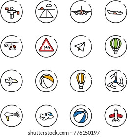 line vector icon set - traffic controller vector, runway, plane, small, helicopter, side wind road sign, paper fly, air balloon, ball, mill, dryer, toy, beach