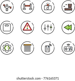 line vector icon set - traffic controller vector, vip zone, terrorism, airport building, floor scales, light road sign, settings, fast backward, gear globe, jalousie, remote control