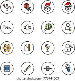 line vector icon set - traffic controller vector, plane globe, santa claus, abdominal muscles, volume medium, search money, winner, managemet, agreement, drink, wireless lock, cpu, drill, jack, doll
