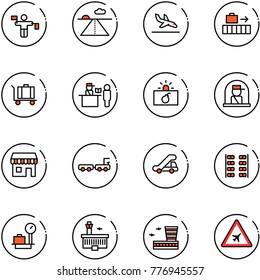 line vector icon set - traffic controller vector, runway, arrival, baggage, passport control, terrorism, officer window, duty free, truck, trap, plane seats, scales, airport building, road sign