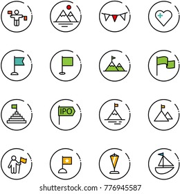 line vector icon set - traffic controller vector, mountains, flag garland, heart, attainment, pyramid, ipo, mountain, win, pennant, sailboat toy