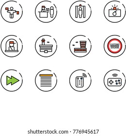 line vector icon set - traffic controller vector, passport control, metal detector gate, terrorism, officer window, airport building, customs road sign, fast forward, jalousie, remote