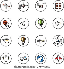 line vector icon set - traffic controller vector, boarding passengers, helicopter, plane seats, globe, paper fly, air balloon, wind mill, protect glass, toy, beach ball