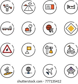 line vector icon set - traffic controller vector, runway, ticket, hotel, baggage truck, scales, plane globe, main road sign, abrupt turn right, flag, ship bell, sail boat, surfing, ufo toy