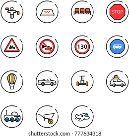 line vector icon set - traffic controller vector, taxi, waiting area, stop road sign, for moto, no horn, speed limit 130, bus, air balloon, cabrio, gyroscope, car baggage, moon rover, wheelbarrow