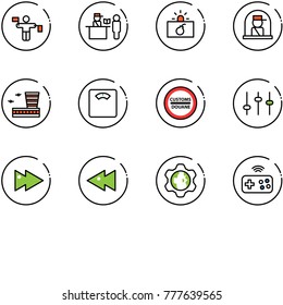 line vector icon set - traffic controller vector, passport control, terrorism, officer window, airport building, floor scales, customs road sign, settings, fast forward, backward, gear globe