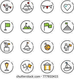 line vector icon set - traffic controller vector, mountains, flag garland, heart, attainment, pyramid, win, mountain, moon, pennant, flags cross, sailboat toy
