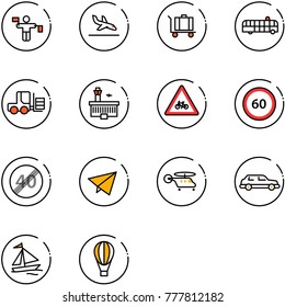 line vector icon set - traffic controller vector, arrival, baggage, airport bus, fork loader, building, road for moto sign, speed limit 60, end, paper fly, helicopter, limousine, sail boat