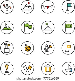line vector icon set - traffic controller vector, mountains, flag garland, attainment, pyramid, ipo, win, moon, pennant, flags cross, sailboat toy
