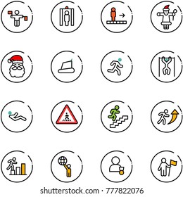 line vector icon set - traffic controller vector, metal detector gate, travolator, santa claus, treadmill, run, pull ups, abdominal muscles, pedestrian road sign, career, world, winner, win