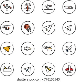 line vector icon set - traffic controller vector, plane radar, departure, small, helicopter, globe, paper, fly, jointer, toy