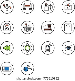 line vector icon set - traffic controller vector, vip zone, passport control, terrorism, officer window, airport building, floor scales, fast backward, gear globe, remote, eye scanner, game console