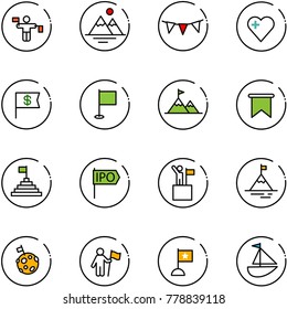 line vector icon set - traffic controller vector, mountains, flag garland, heart, dollar, attainment, pyramid, ipo, win, mountain, moon, sailboat toy