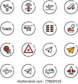 line vector icon set - traffic controller vector, plane radar, departure, trap truck, small, helicopter, seats, baggage scales, globe, airport road sign, paper fly, toy