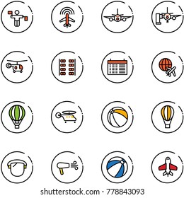 line vector icon set - traffic controller vector, plane radar, boarding passengers, helicopter, seats, schedule, globe, air balloon, ball, protect glass, dryer, beach, toy