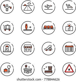 line vector icon set - traffic controller vector, runway, departure, arrival, baggage, travolator, waiting area, terrorism, officer window, duty free, trap truck, schedule, scales, airport building