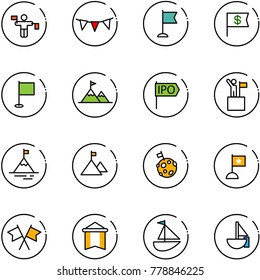 line vector icon set - traffic controller vector, flag garland, dollar, attainment, ipo, win, mountain, moon, flags cross, pennant, sailboat toy