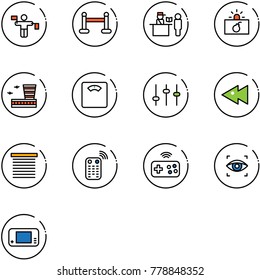 line vector icon set - traffic controller vector, vip zone, passport control, terrorism, airport building, floor scales, settings, fast backward, jalousie, remote, joystick wireless, eye scanner