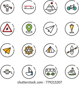line vector icon set - traffic controller vector, sleigh, mountains, bike, abrupt turn right road sign, map pin, paper plane, pennant, fly, hand wheel, tent, kayak, jack, sailboat toy, bus, boat