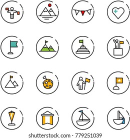 line vector icon set - traffic controller vector, mountains, flag garland, heart, attainment, pyramid, win, mountain, moon, pennant, sailboat toy