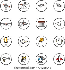line vector icon set - traffic controller vector, runway, departure, arrival, plane, boarding passengers, schedule, paper fly, air balloon, kite, protect glass, dryer, helicopter toy