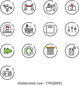 line vector icon set - traffic controller vector, vip zone, passport control, terrorism, officer window, airport building, floor scales, settings, fast forward, gear globe, jalousie, remote