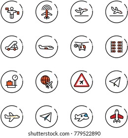 line vector icon set - traffic controller vector, plane radar, departure, arrival, trap truck, small, helicopter, seats, baggage scales, globe, airport road sign, paper fly, toy