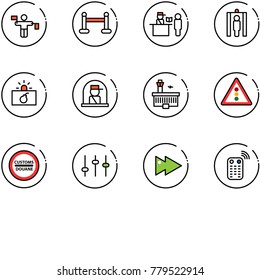 line vector icon set - traffic controller vector, vip zone, passport control, metal detector gate, terrorism, officer window, airport building, light road sign, customs, settings, fast forward