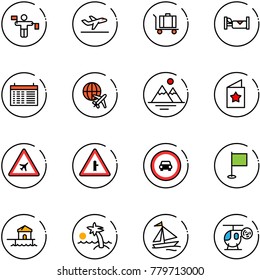 line vector icon set - traffic controller vector, departure, baggage, hotel, schedule, plane globe, mountains, star postcard, airport road sign, intersection, no car, flag, bungalow, palm, sail boat