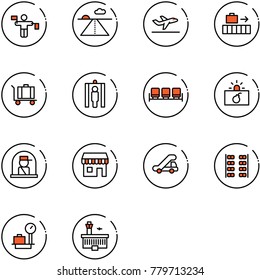 line vector icon set - traffic controller vector, runway, departure, baggage, metal detector gate, waiting area, terrorism, officer window, duty free, trap truck, plane seats, scales