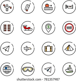 line vector icon set - traffic controller vector, suitcase, baggage, hotel, plane seats, sleigh, dollar pin, customs road sign, paper fly, tent, globe, protective glasses, toy boat