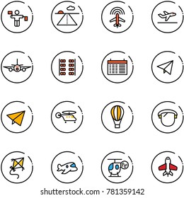 line vector icon set - traffic controller vector, runway, plane radar, departure, seats, schedule, paper fly, helicopter, air balloon, protect glass, kite, toy