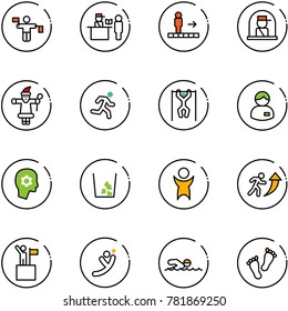 line vector icon set - traffic controller vector, passport control, travolator, officer window, santa claus, run, pull ups, manager, brain work, garbage, success, career, win, flying man, swimming