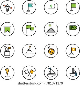 line vector icon set - traffic controller vector, flag, dollar, pyramid, ipo, win, mountain, moon, pennant, flags cross, sailboat toy