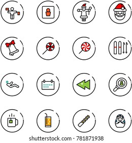line vector icon set - traffic controller vector, male wc, santa claus, bell, lollipop, ski, abdominal muscles, schedule, fast backward, head hunter, green tea, drink, drill, russian doll