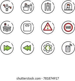 line vector icon set - traffic controller vector, passport control, metal detector gate, officer window, airport building, floor scales, light road sign, customs, fast forward, backward, gear globe