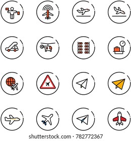 line vector icon set - traffic controller vector, plane radar, departure, arrival, trap truck, helicopter, seats, baggage scales, globe, airport road sign, paper fly, toy