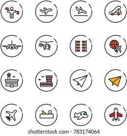 line vector icon set - traffic controller vector, departure, arrival, trap truck, plane, helicopter, seats, globe, airport building, paper, fly, jointer, toy