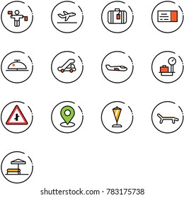 line vector icon set - traffic controller vector, departure, suitcase, ticket, client bell, trap truck, small plane, baggage scales, intersection road sign, map pin, pennant, lounger