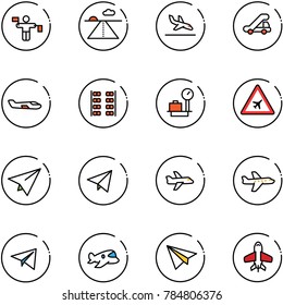 line vector icon set - traffic controller vector, runway, arrival, trap truck, small plane, seats, baggage scales, airport road sign, paper, fly, toy