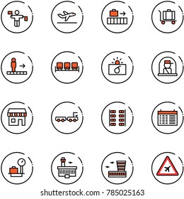 line vector icon set - traffic controller vector, departure, baggage, travolator, waiting area, terrorism, officer window, duty free, truck, plane seats, schedule, scales, airport building