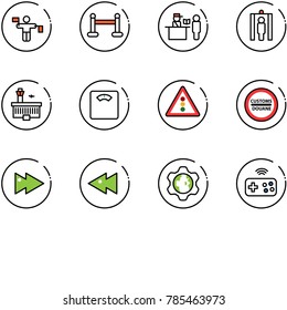 line vector icon set - traffic controller vector, vip zone, passport control, metal detector gate, airport building, floor scales, light road sign, customs, fast forward, backward, gear globe