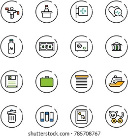 line vector icon set - traffic controller vector, recieptionist, first aid room, heart diagnosis, milk, dollar, safe, bank, save, case, jalousie, cruiser, trash bin, battery, game console, toy cat