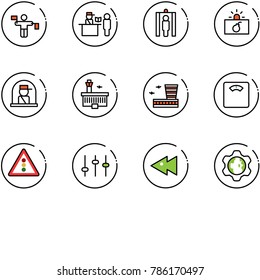 line vector icon set - traffic controller vector, passport control, metal detector gate, terrorism, officer window, airport building, floor scales, light road sign, settings, fast backward