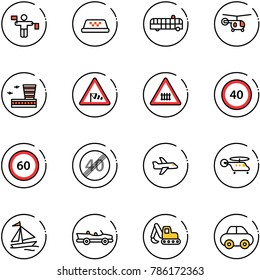 line vector icon set - traffic controller vector, taxi, airport bus, helicopter, building, side wind road sign, railway intersection, speed limit 40, 60, end, plane, sail boat, cabrio, excavator toy