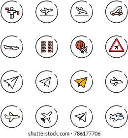 line vector icon set - traffic controller vector, departure, arrival, trap truck, small plane, seats, globe, airport road sign, paper, fly, toy