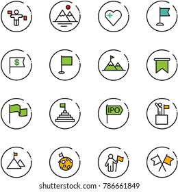 line vector icon set - traffic controller vector, mountains, heart, flag, dollar, attainment, pyramid, ipo, win, mountain, moon, flags cross