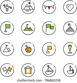 line vector icon set - traffic controller vector, mountains, flag garland, heart, attainment, pyramid, mountain, moon, pennant, flags cross, sailboat toy
